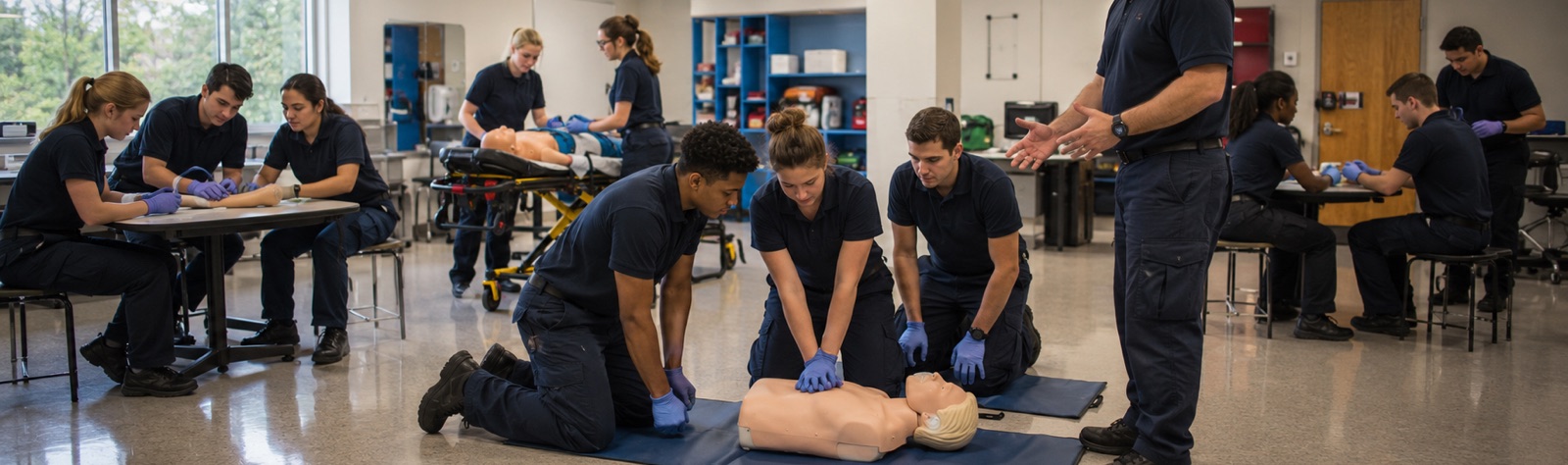 EMS students practicing hands-on skills together in a training lab while an instructor coaches